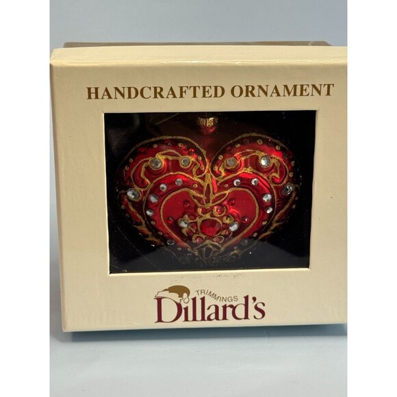 Dillards Handcrafted Glass Heart Ornament Red Jeweled 3" x 3 1/4" Boxed - Picture 1 of 6